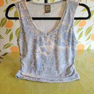 Y2k Lotus medium Blue Beige Cotton Polyester Sleeveless Tank Top Paisley Pattern